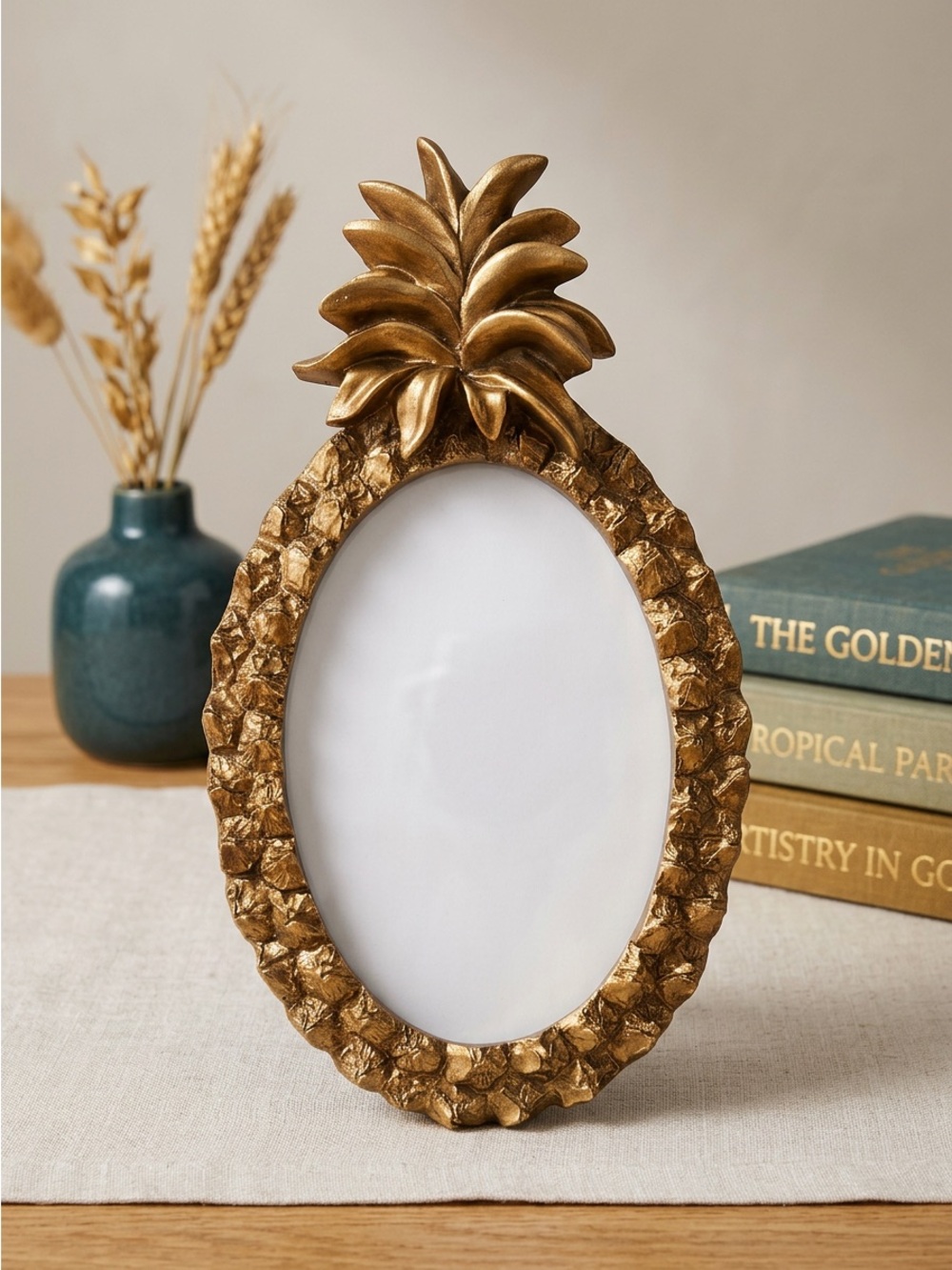 Isaac Jacobs Gold Pineapple Oval Picture Frame 4x6 Resin Tropical Decor GUC